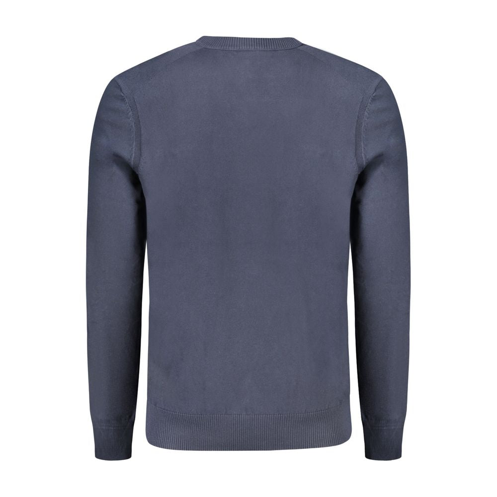 Hugo Boss Blue Cotton Sweater, long-sleeved with V-neck, embroidery logo on front.
