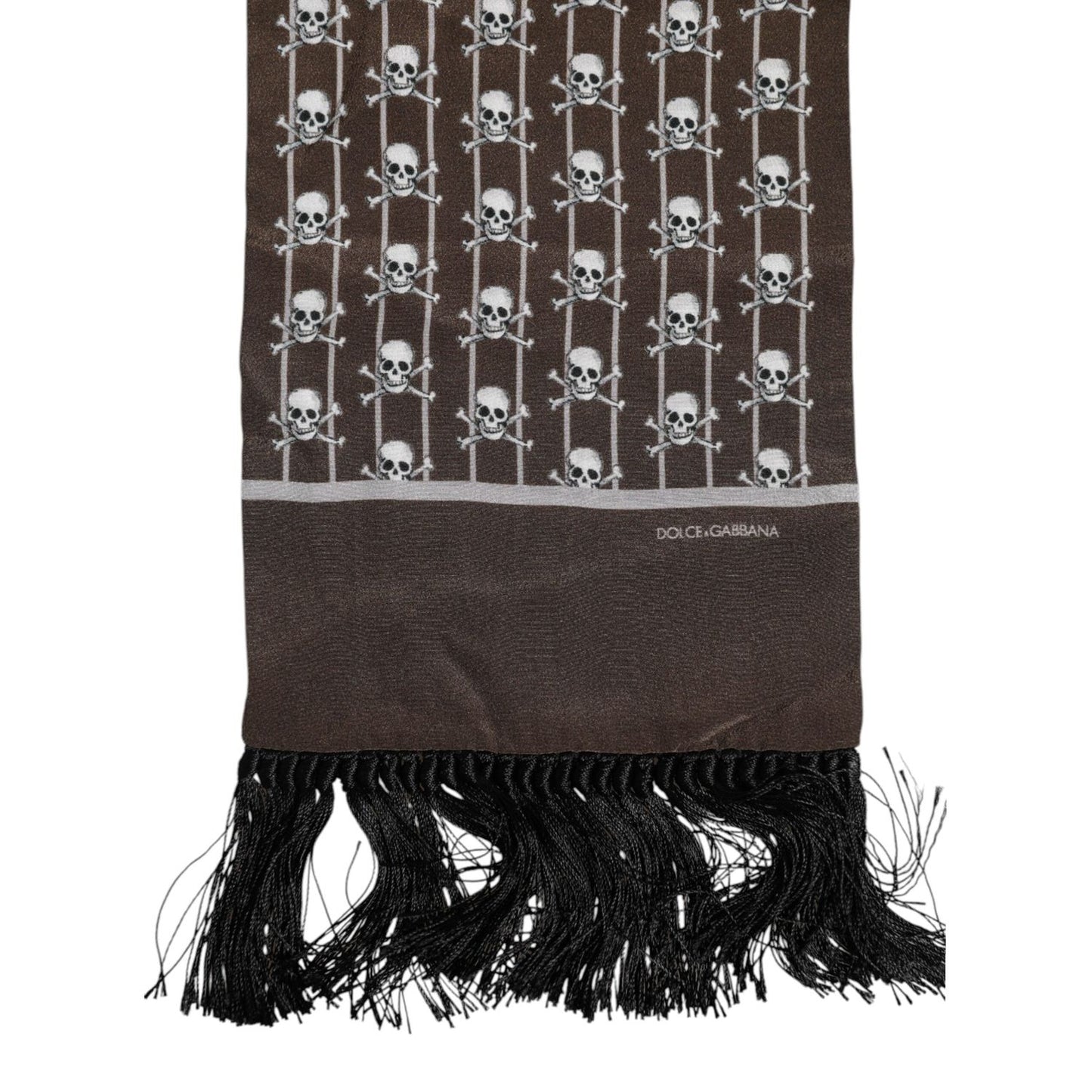 Dolce & Gabbana Brown Skulls Print Fringes Foulard Scarf