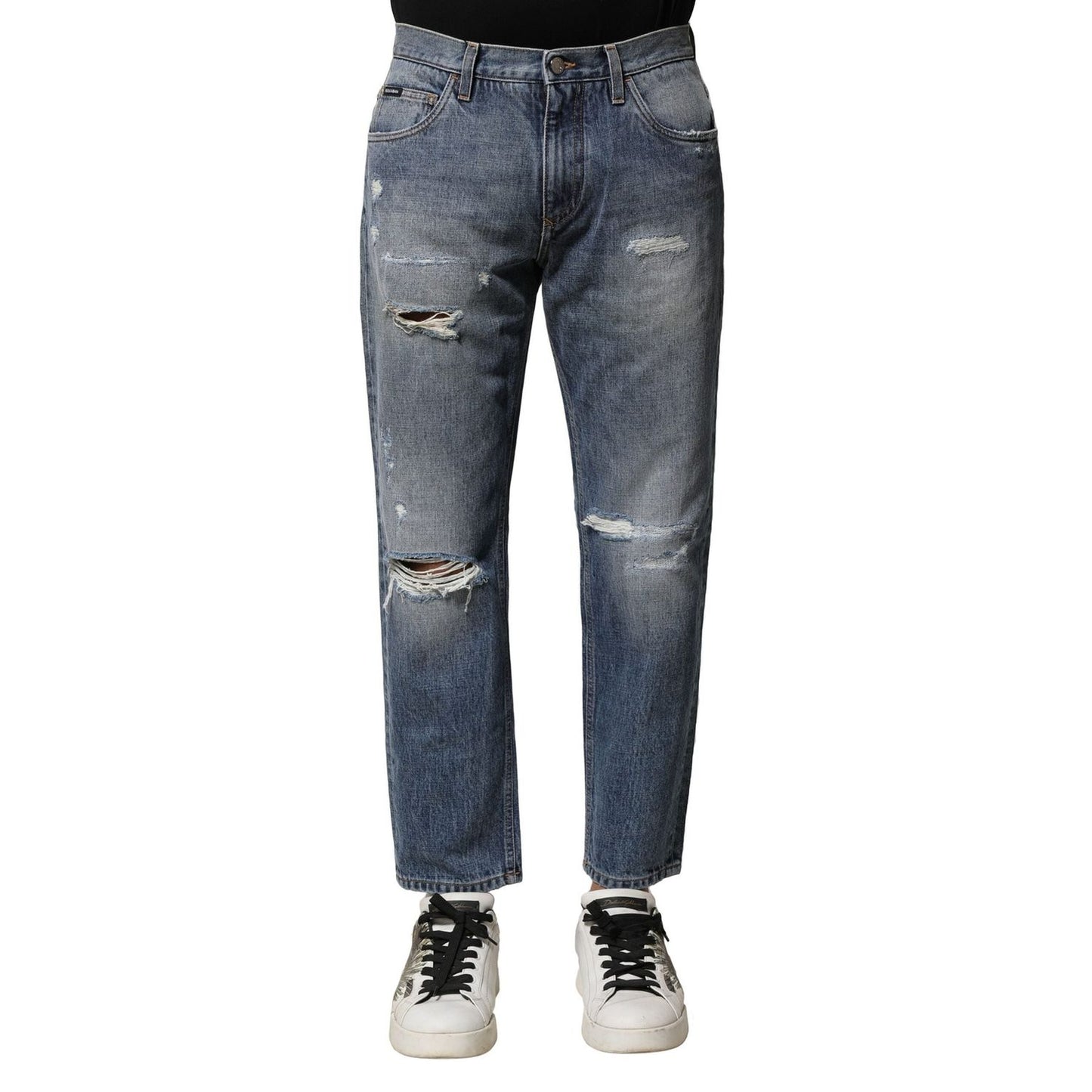 Dolce & Gabbana Blue Washed Tattered Straight Fit Denim Jeans PAN75876-44