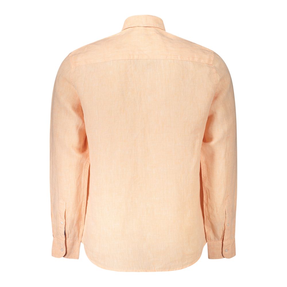 Back view of North Sails Pink Linen Shirt with long sleeves, Italian collar, 1 button cuffs, and Ocean Positive logo embroidery.