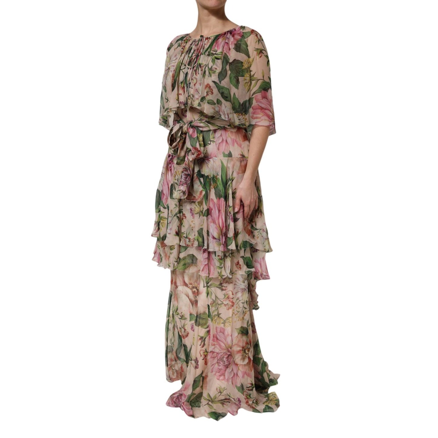 Dolce & Gabbana Pink Floral Print Tiered Long Maxi Dress DR81759-46
