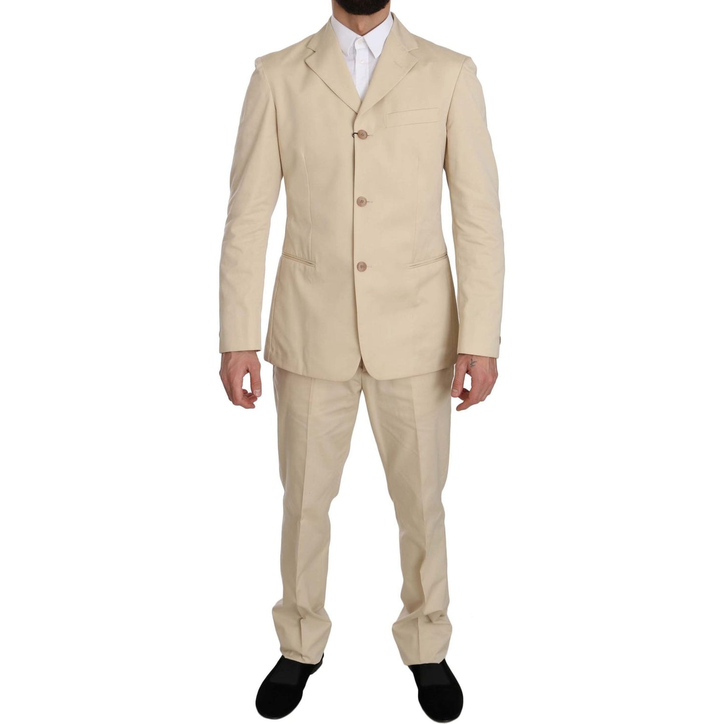 Romeo Gigli Two Piece 3 Button Beige Cotton Solid Suit KOS1441-46