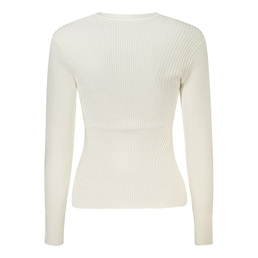 Back view of Guess Jeans White Viscose Sweater, long-sleeved crew neck design with ribbed texture.