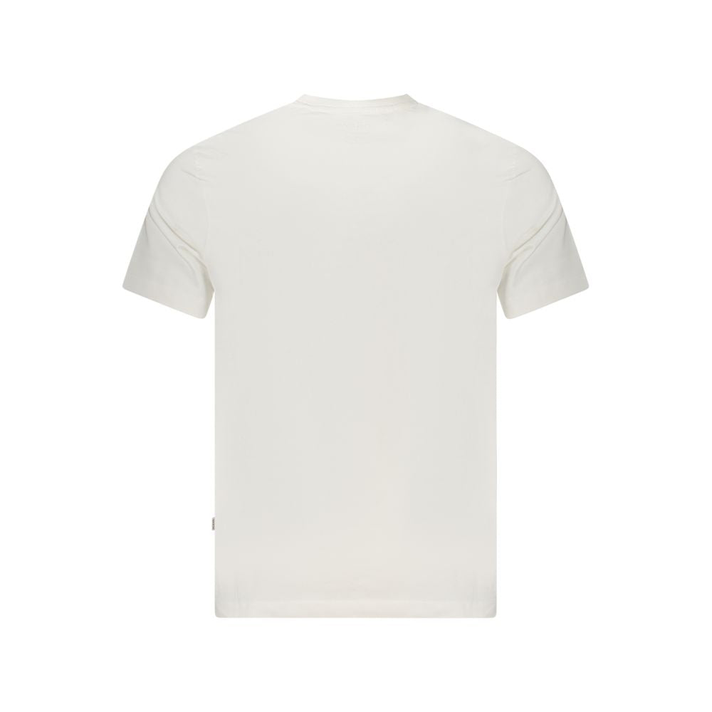 Back view of Guess Jeans White Cotton T-Shirt, regular fit, short sleeves, crew neck, featuring printed logo. Made from organic cotton.