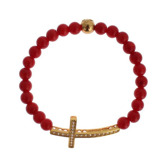 Nialaya Red Coral Gold CZ Cross 925 Silver Bracelet Bracelet