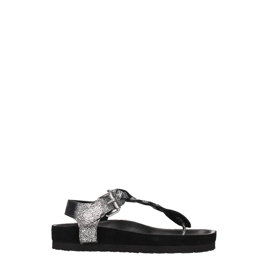 Isabel Marant Black Leather Flip-Flop Sandals with silver detail, suede material, open toe, low flat heel, casual style.