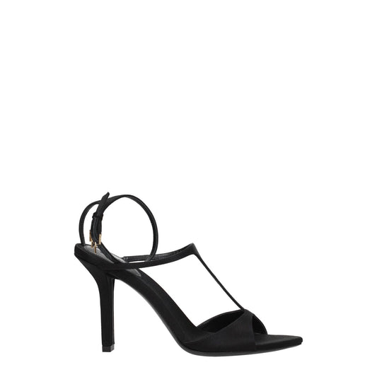 Givenchy Black Satin Stiletto Heel Sandals with buckle closure, open toe, and gold details. Stylish high heel, leather sole, elegant design.