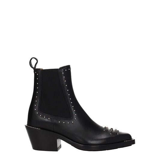 Chloé Black Leather Ankle Boots with studs and stones, mid-heel, square toe, rubber sole, casual style, MPN CHC22W705AV001, color silver.