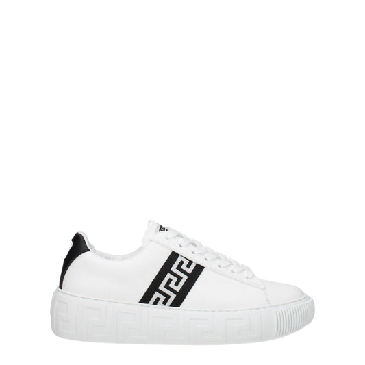 Versace White Leather Low Top Sneakers with black accents, featuring front logo and lace-up closure, ideal for casual style.