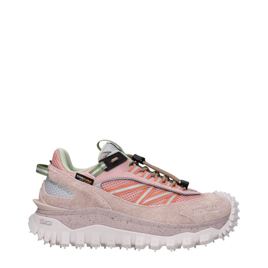 Moncler Pink Leather Athletic Sneakers with front and back logos, lace-up closure, round toe, mid heels, rubber sole, and suede material