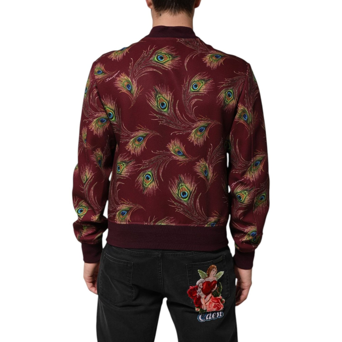 Dolce & Gabbana Maroon Peacock Feather Print Bomber Jacket JKT41532-48