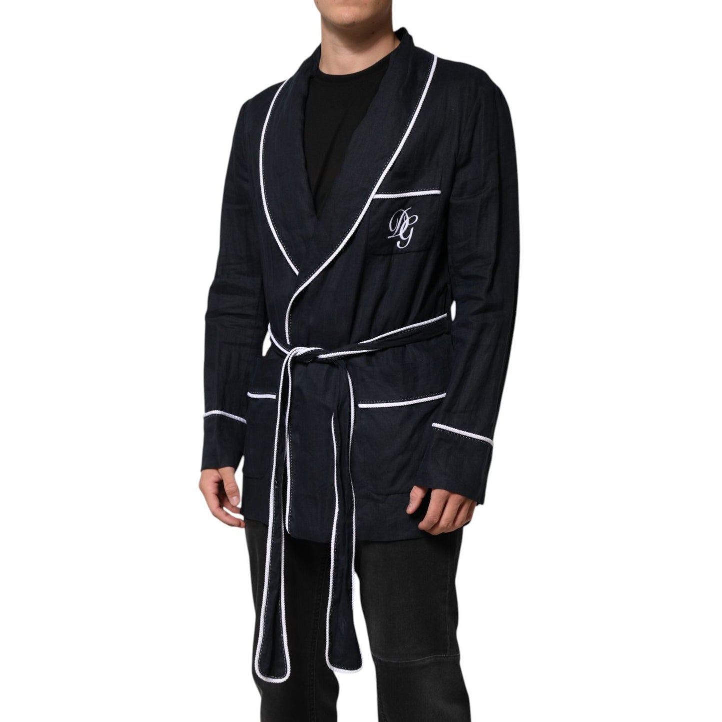 Dolce & Gabbana Dark Blue DG Embroidery Jacket Robe Blazer JKT41553-56