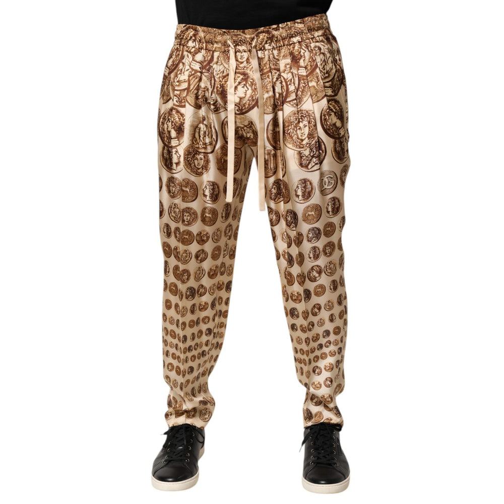 Dolce & Gabbana Beige Coin Print Silk Twill Men Jogger Pants PAN76628-50