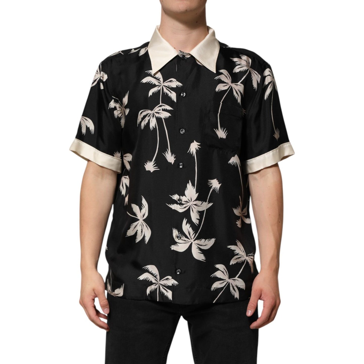 Dolce & Gabbana Black Printed Silk Short Sleeves Casual Shirt TSH90584-41