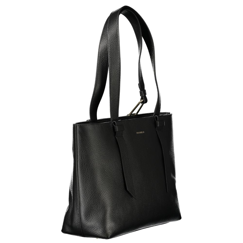 Coccinelle Black Leather Handbag featuring MALORY BAG, 2 shoulder handles, 2 internal pockets, zip closure, protective feet, logo.
