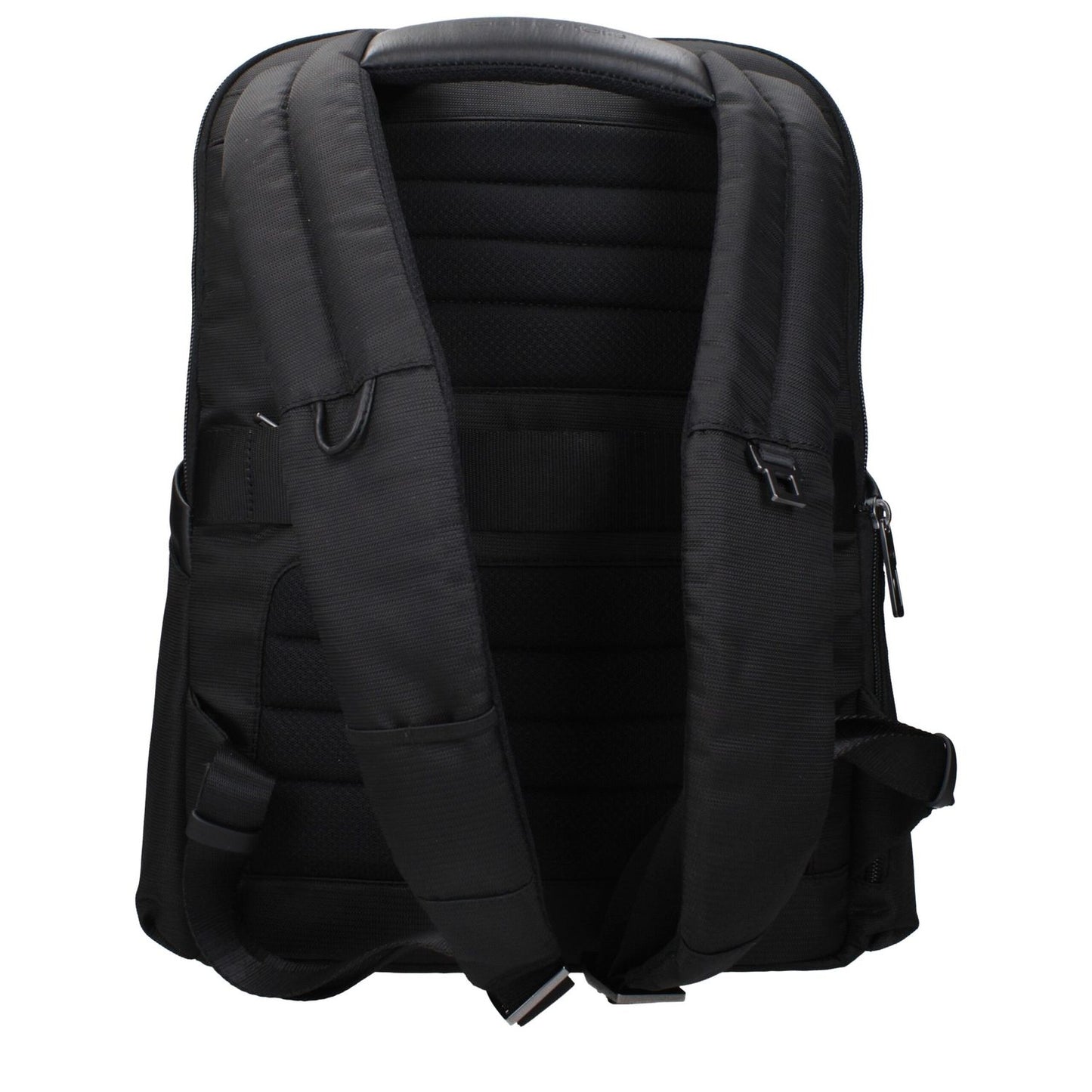 Back view of Piquadro Black Nylon Backpack with adjustable straps and padded back.