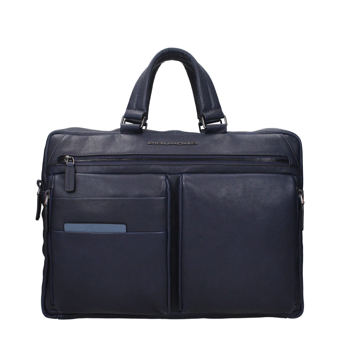 Piquadro Blue Leather Business And Laptop Bag with front and back logo, adjustable and removable shoulder strap, iPad/PC cases.