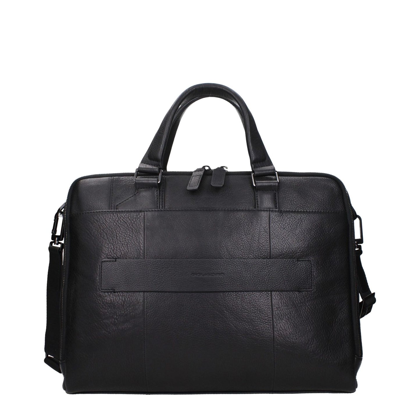 Piquadro Black Leather Business And Laptop Bag with adjustable shoulder strap, vintage effect, and front logo.