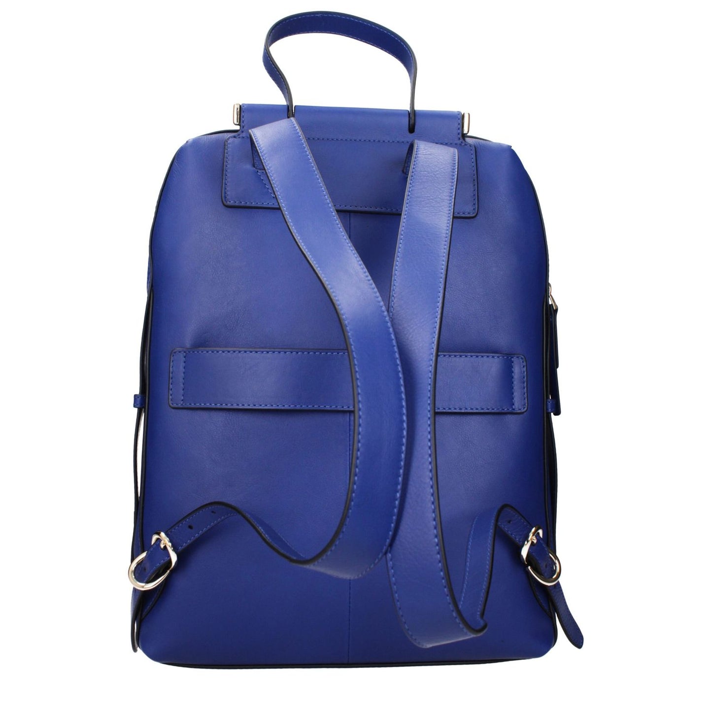 Piquadro Blue Leather Backpack with adjustable straps, vintage effect, featuring front and side logos, designed for laptops and tablets.