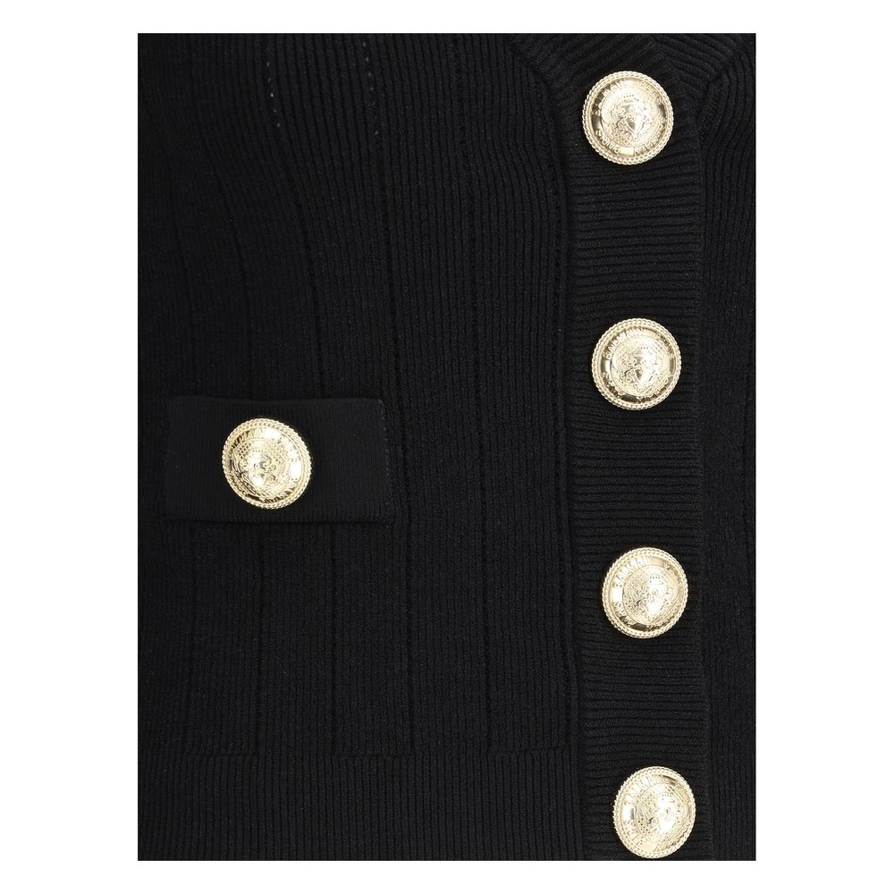 Balmain Black Viscose Cardigan with embossed gold buttons, cropped v-neck design, monochrome pattern, slim fit for AW25 collection.