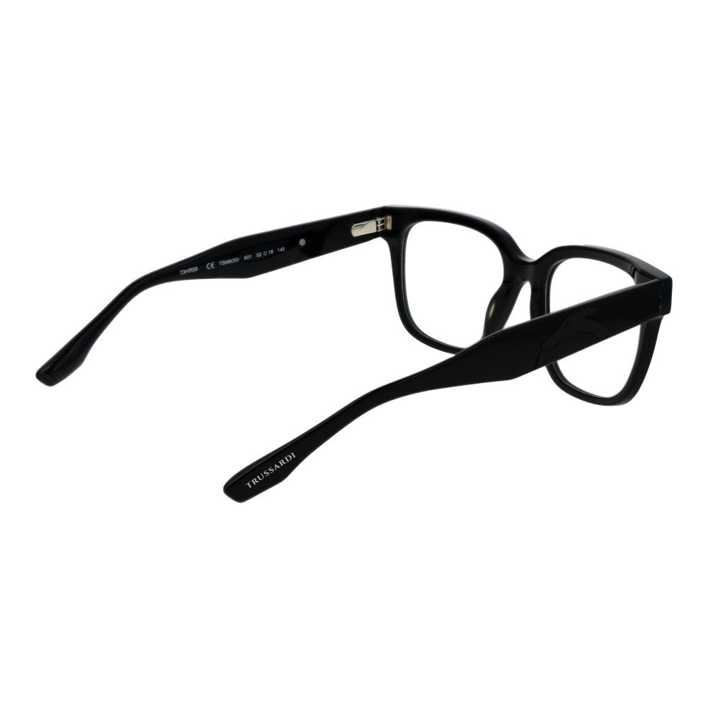 Trussardi Black Acetate Glasses (Frames) in full-rim square style with black acetate material, featuring spring hinges and demo glasses.