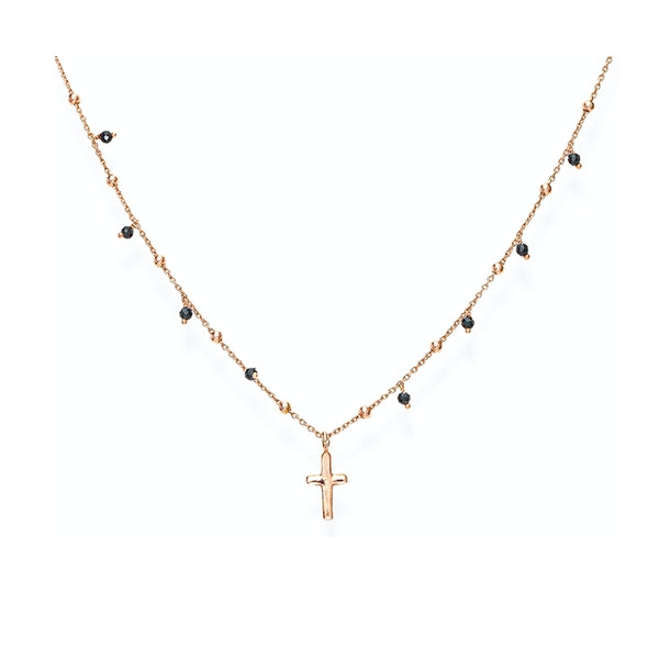 AMEN JEWELRY Mod. CLCRRN3 delicate necklace with cross pendant and small black beads on thin chain