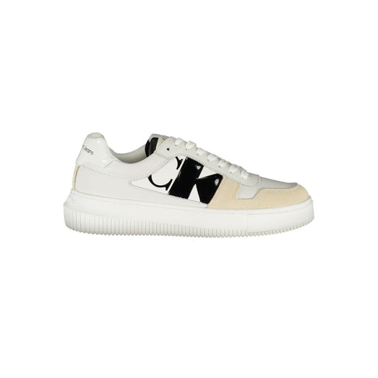 Calvin Klein Elegant White Lace-Up Sneakers with Contrast Detail featuring eco-friendly materials and bold logo design.