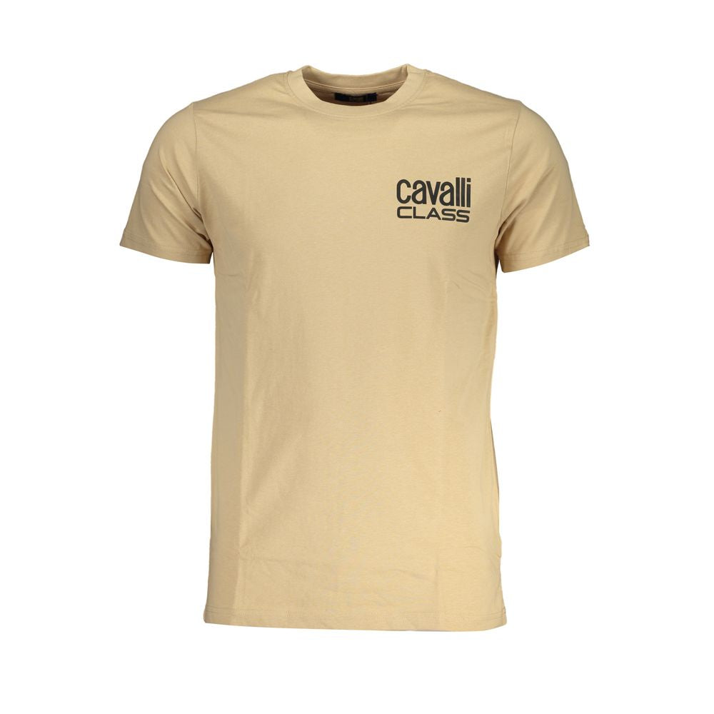 Alt Tag: Cavalli Class Beige Cotton T-Shirt with crew neck and logo print, short-sleeved casual wear.