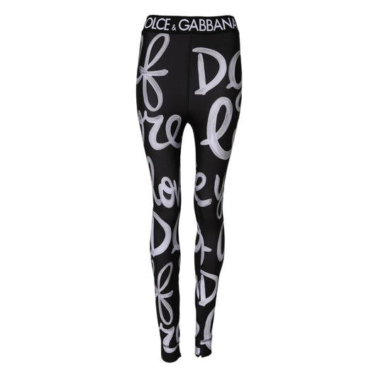 Dolce & Gabbana Black Polyester Logo Print Mid Waisted Pants