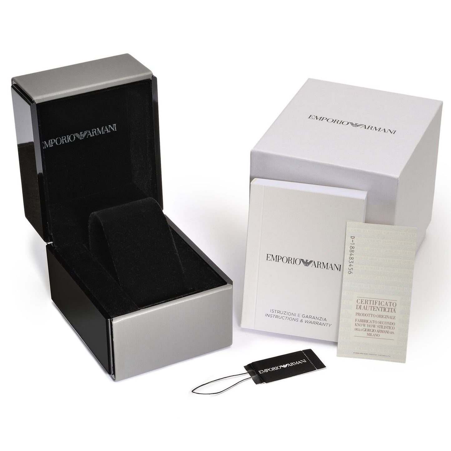 EMPORIO ARMANI Mod. MIA watch packaging with official box and instructions.