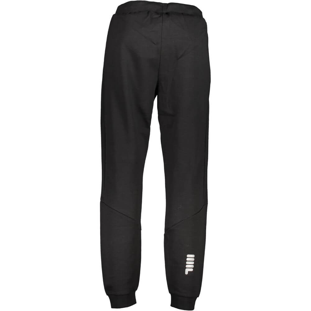 Fila Black Cotton Pant featuring sports trousers, elastic waist with laces, 2 pockets, ankle cuffs, print, and logo design.