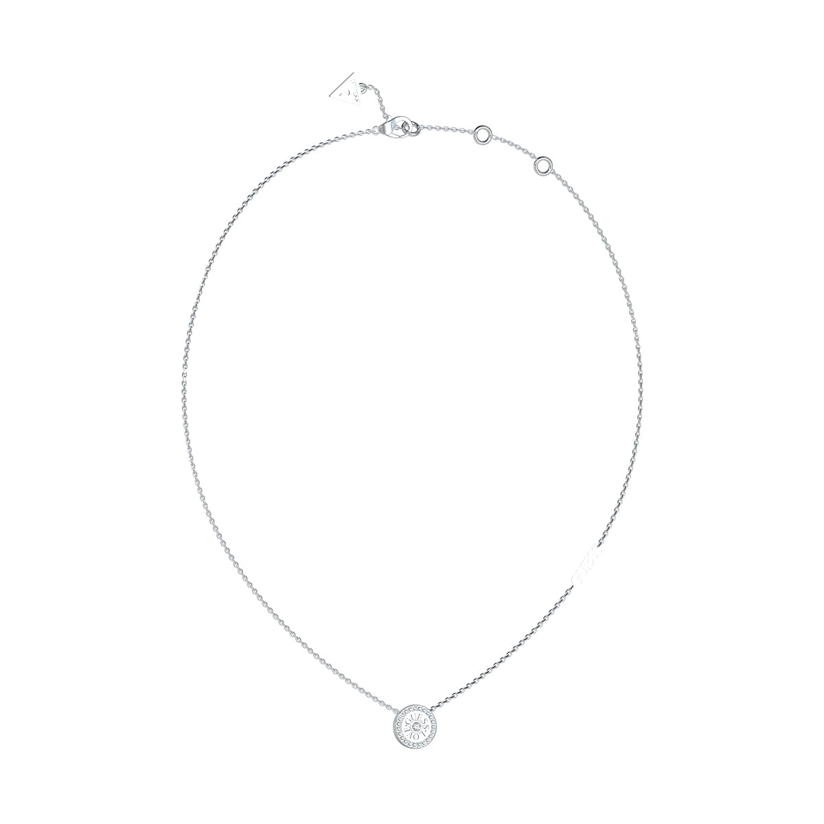 GUESS JEWELS JEWELRY Mod. JUBN04080JWRHT-U silver necklace with circular pendant on white background.