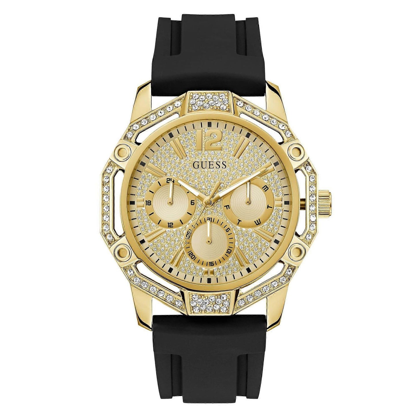 Luxury GUESS Mod. REGAL gold-tone watch with sparkling details and black strap.
