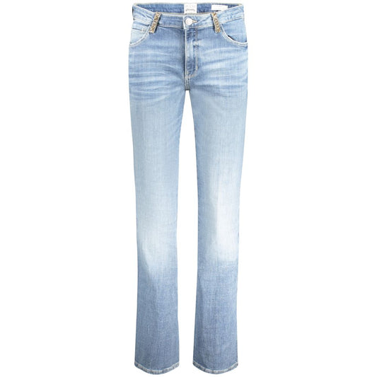 Guess Jeans Light Blue Cotton Women Jeans with rhinestone details, mid-rise straight cut, crafted from recycled stretch cotton blend.