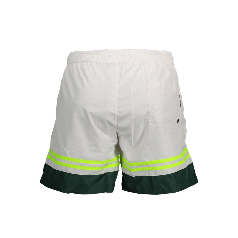 Karl Lagerfeld White Polyester Swimwear medium swim boxer with 2 pockets, 1 back pocket, inside slip, laces, and logo design.