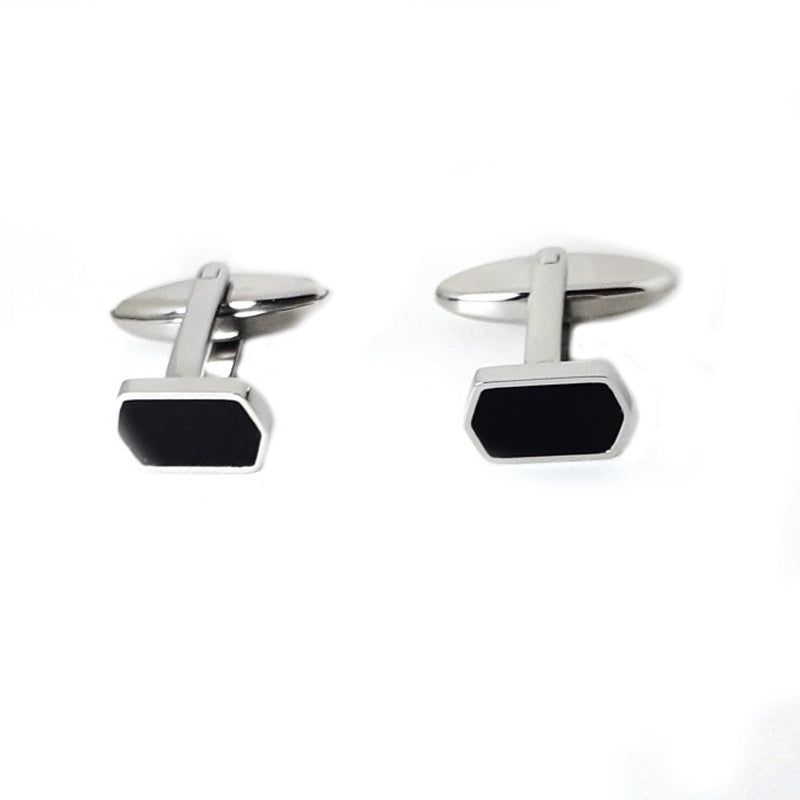 Silver and black cufflinks for men, showcasing a sleek design with rectangular centers. Ideal accessory for formal attire.
