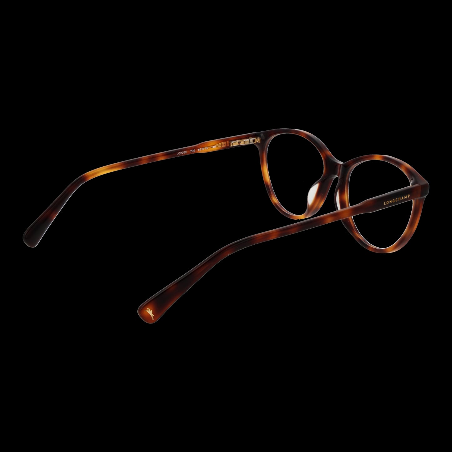 LONGCHAMP MOD. LO2709 53230 tortoiseshell eyeglasses for ladies, side view on a black background.