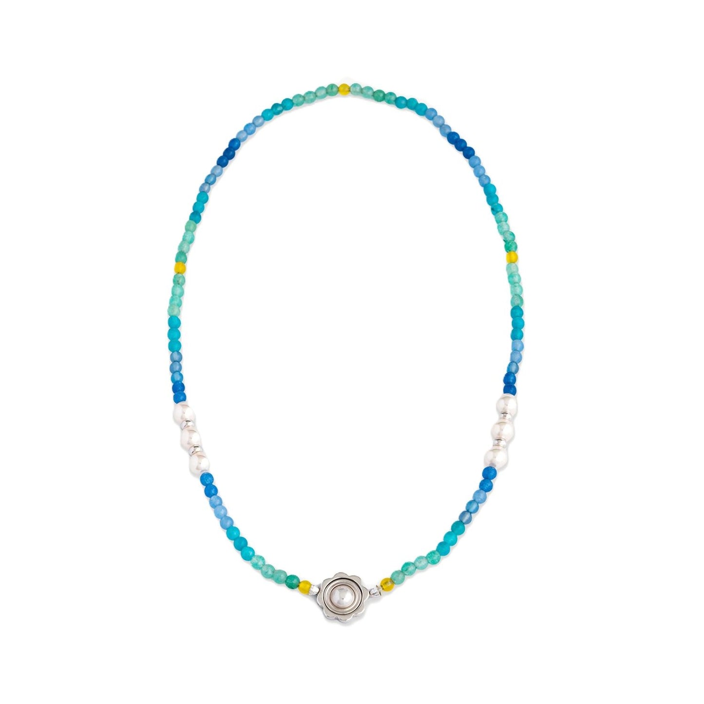 Colorful beaded necklace with pearls from MAJORICA JEWELRY Mod. 17345.01.2.N40.472.1, featuring blue, green, yellow accents.