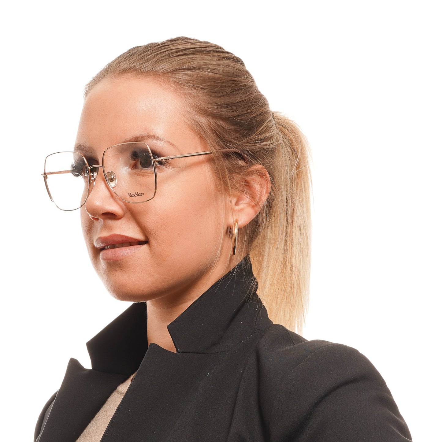 Lady wearing MAX MARA MOD. MM5020-D 55028 eyeglasses, side view on a white background, showcasing elegant eyewear design for women.