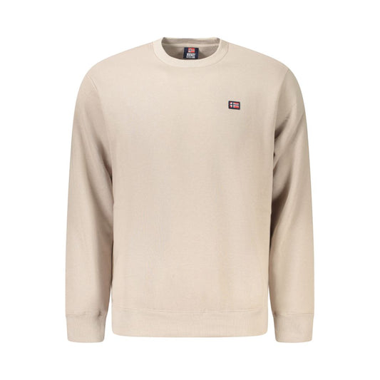 Norway 1963 Beige Cotton Men Sweater with crew neck, applique detail on chest, long sleeves, vintage-inspired style, crafted for comfort.