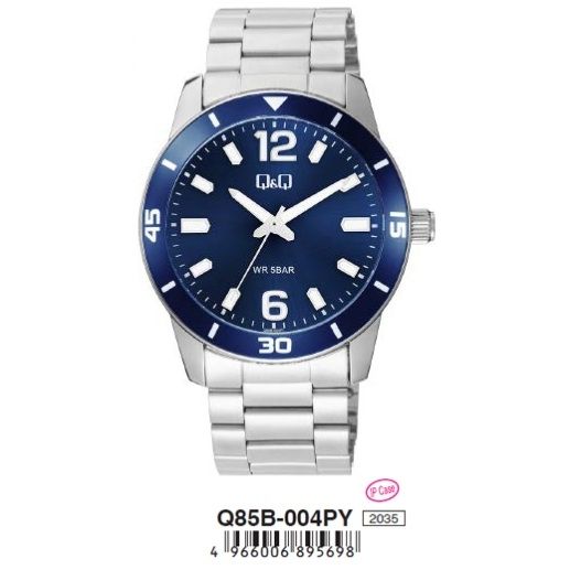 Q&Q Mod. GENT DIVER ONLY TIME wristwatch with a 42mm metal case, 5 ATM water resistance, quartz movement, and mineral dial in official box.