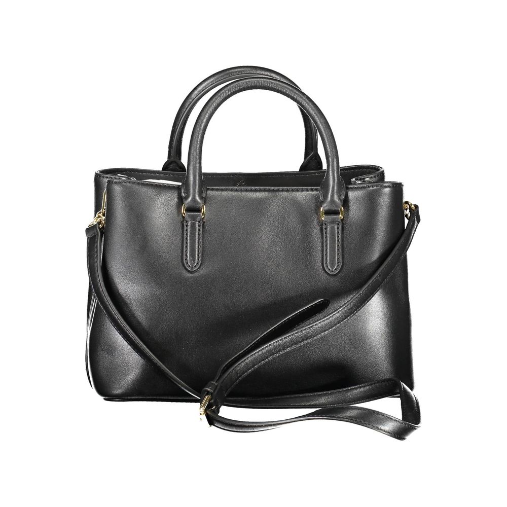 Ralph Lauren Black Leather Handbag featuring two handles, adjustable strap, two compartments, central and inside pockets, logo detail.