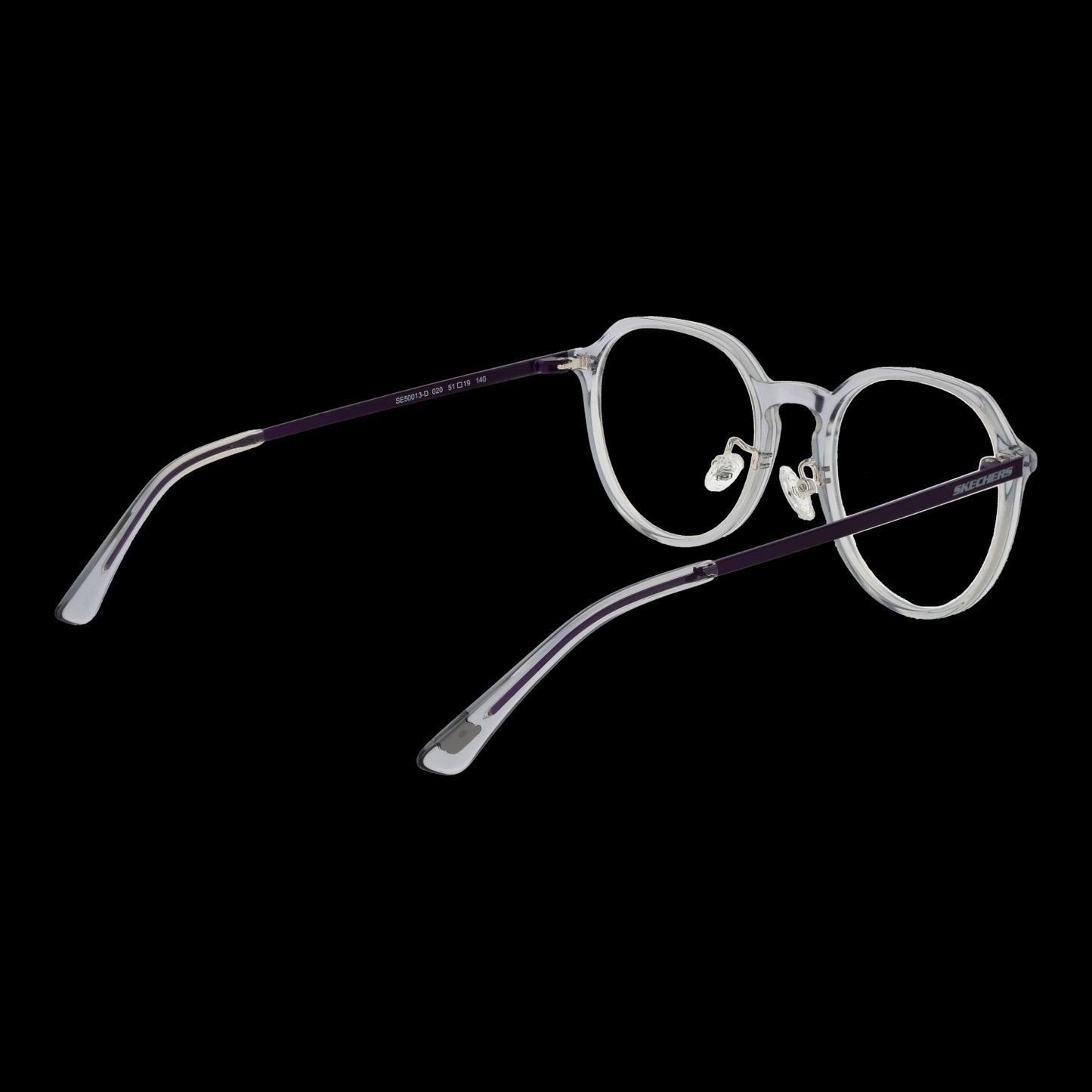 Clear round eyeglasses with black temples on a black background, showing a side view