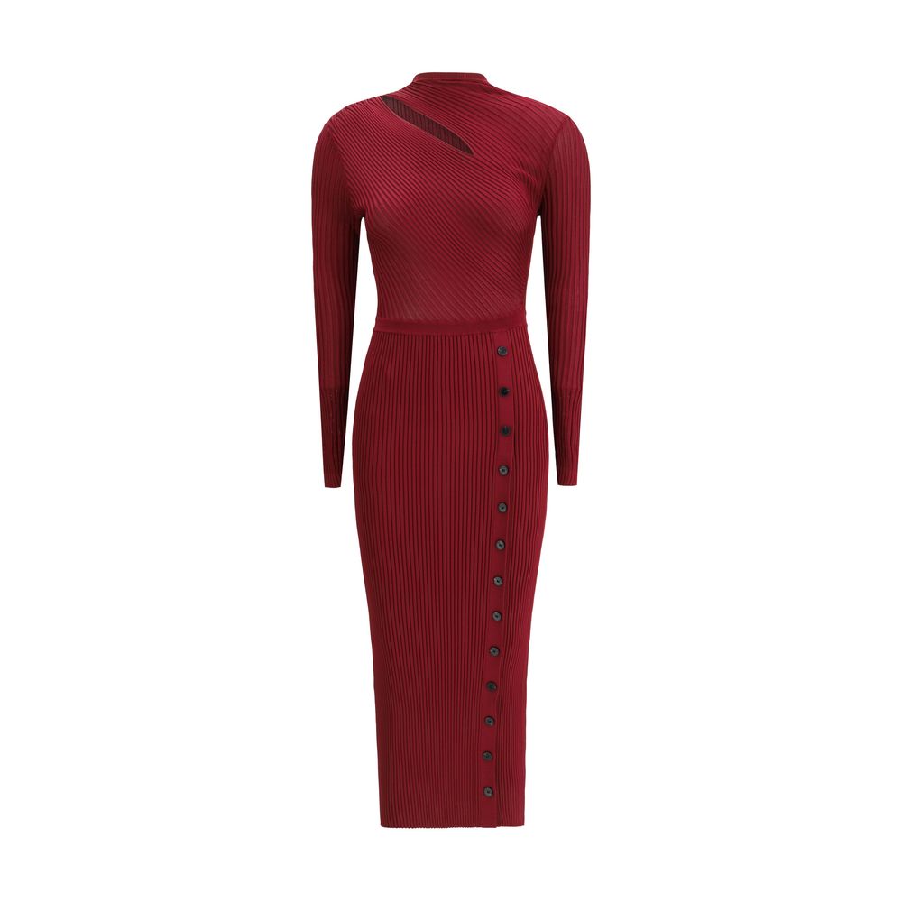 Self-Portrait Ribbed midi Dress with long sleeves, front button closure, and a modern cut-out detail, in red viscose for AW25 season.