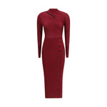 Self-Portrait Ribbed midi Dress with long sleeves, front button closure, and a modern cut-out detail, in red viscose for AW25 season.