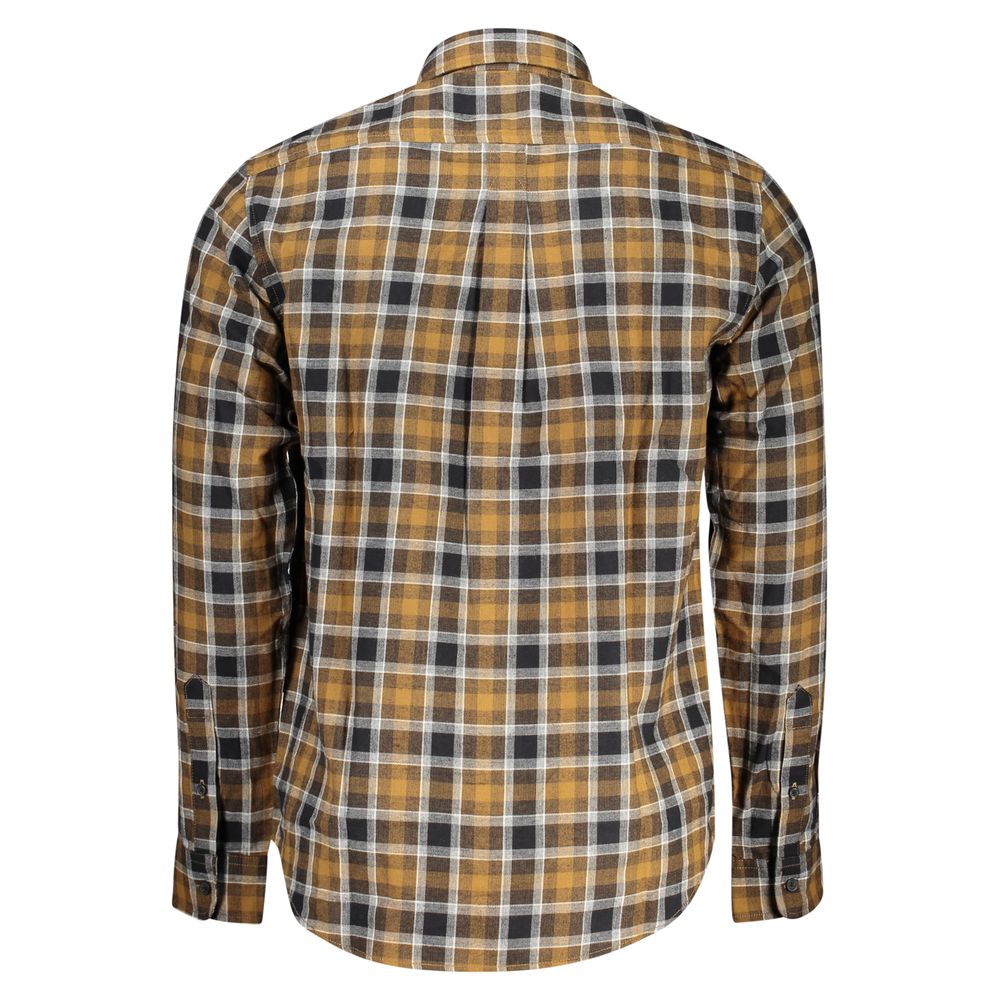 Timberland Brown Cotton Shirt with long sleeves, tartan pattern, regular fit, and Italian collar, featuring a back view and button cuffs.