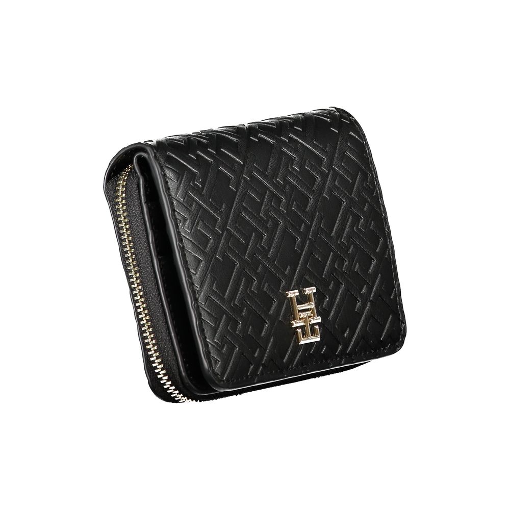 Tommy Hilfiger Black Polyethylene Wallet with embossed design, zipper, automatic closure, and logo accent.