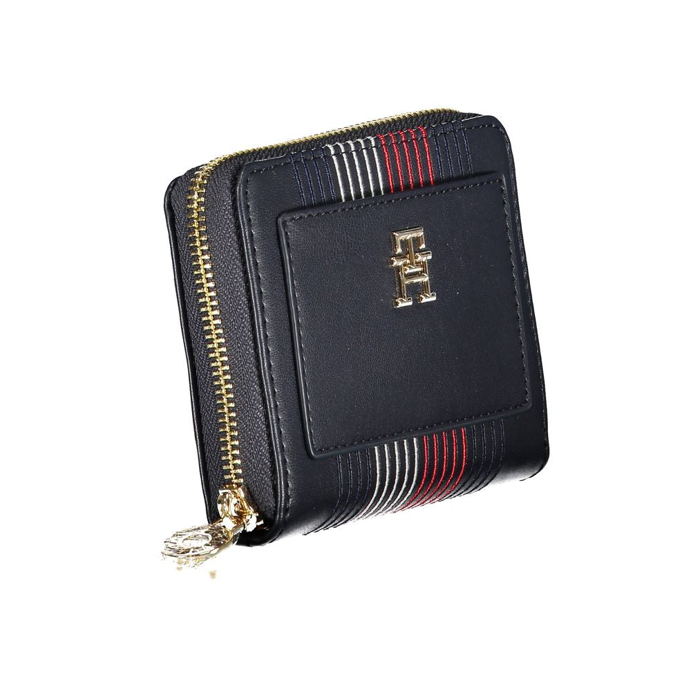 Tommy Hilfiger Blue Polyethylene Wallet with external pocket, compartments, coin purse, card spaces, contrast details, and logo zip closure.