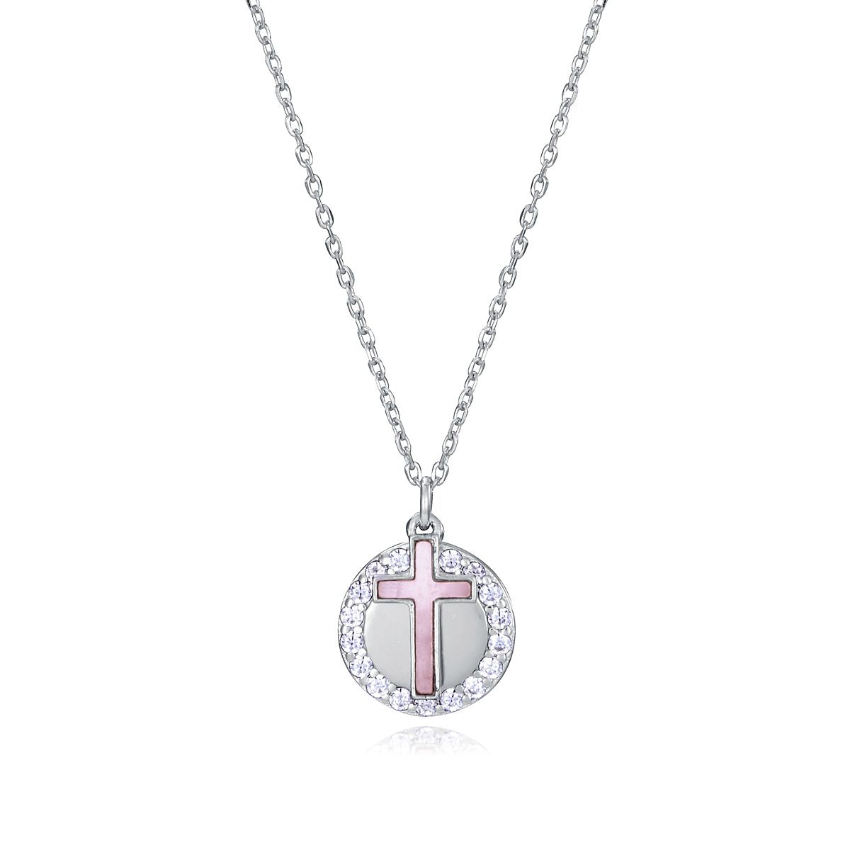 Silver necklace with a pink cross pendant by VICEROY JEWELS Mod. 13183C000-90 for ladies, quartz analog multifunction, 10 ATM water-resistant.