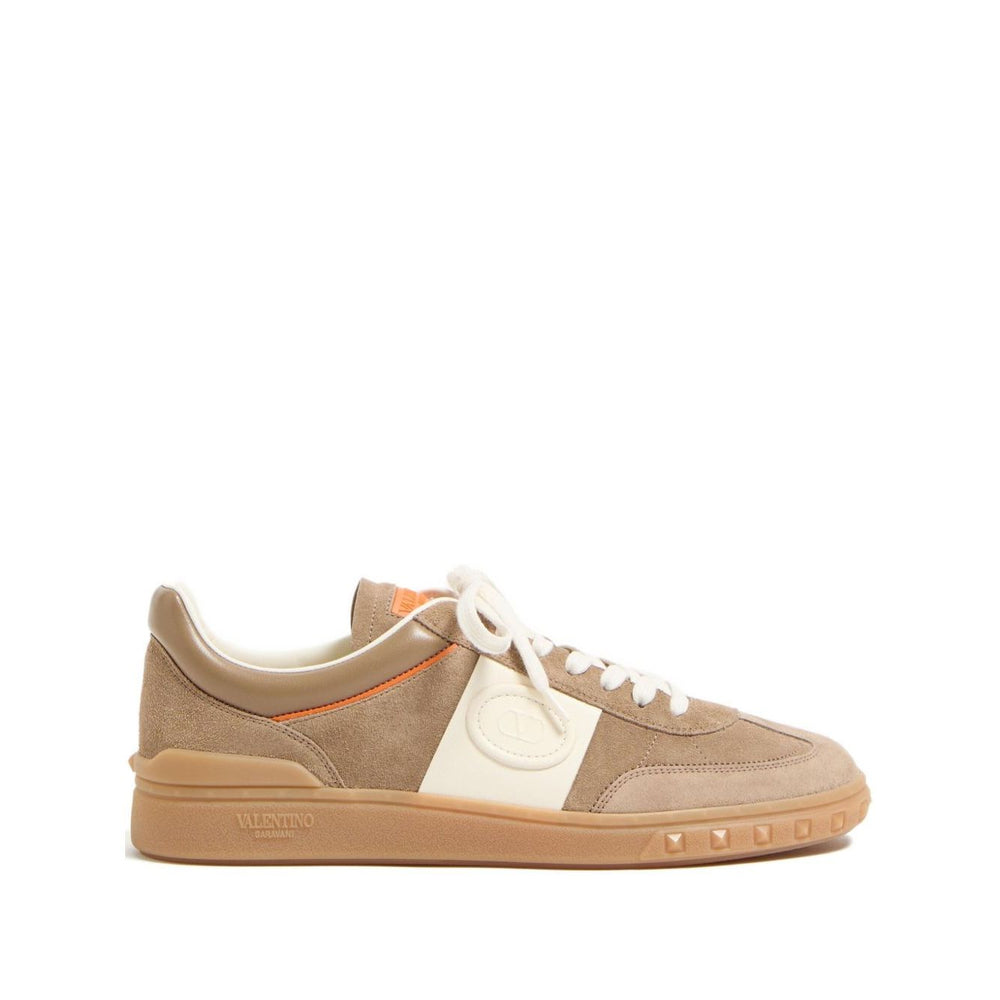 Valentino Garavani Upvillage Crust Leather Sneaker in caramel brown with panelled design and rubber sole